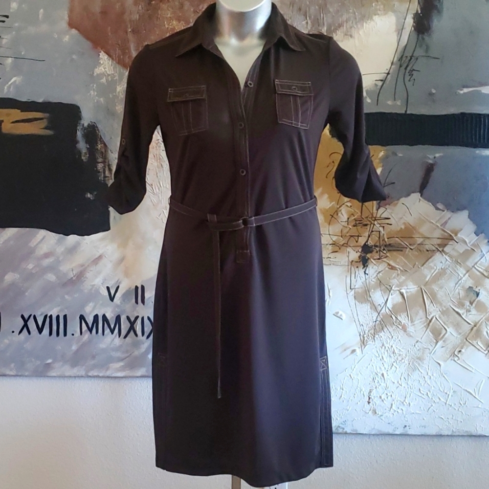 Express Brown Roll Tab Sleeve Half Button  Belted Shirt Dress Woman S